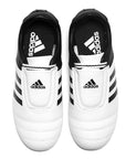 Pair of white and black Adidas Adi-Kick II taekwondo shoes.