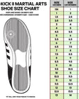 Shoe size chart with diagram for Adidas Adi-Kick II shoes.