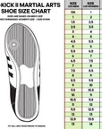 Shoe size chart with diagram for Adidas Adi-Kick II shoes.