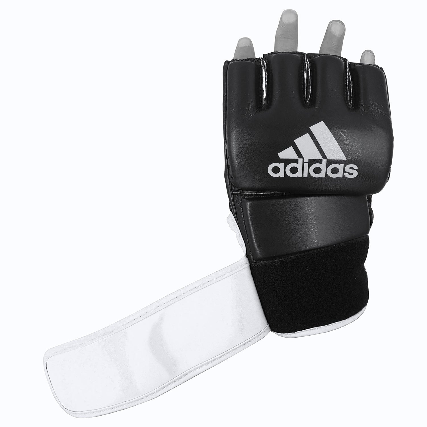 A single black and white adidas grappling training glove.