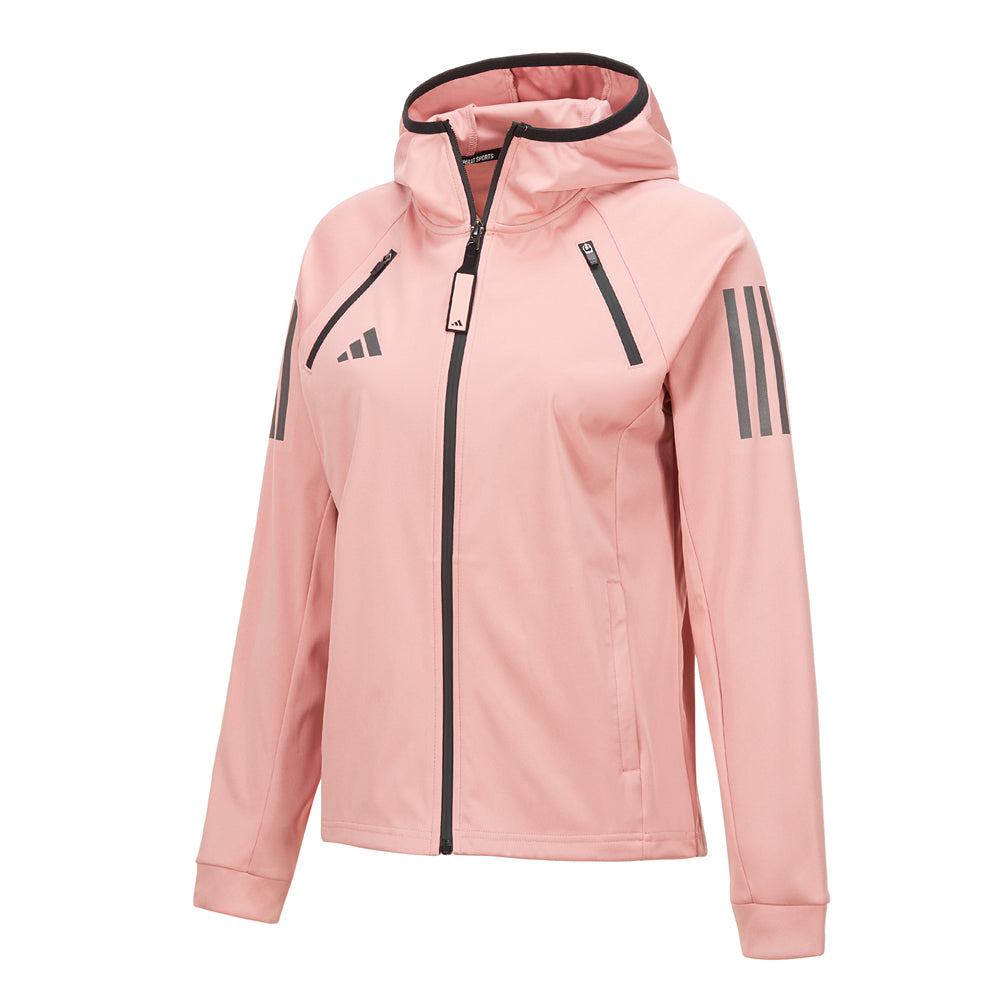Pink jacket with a hood on a white background.