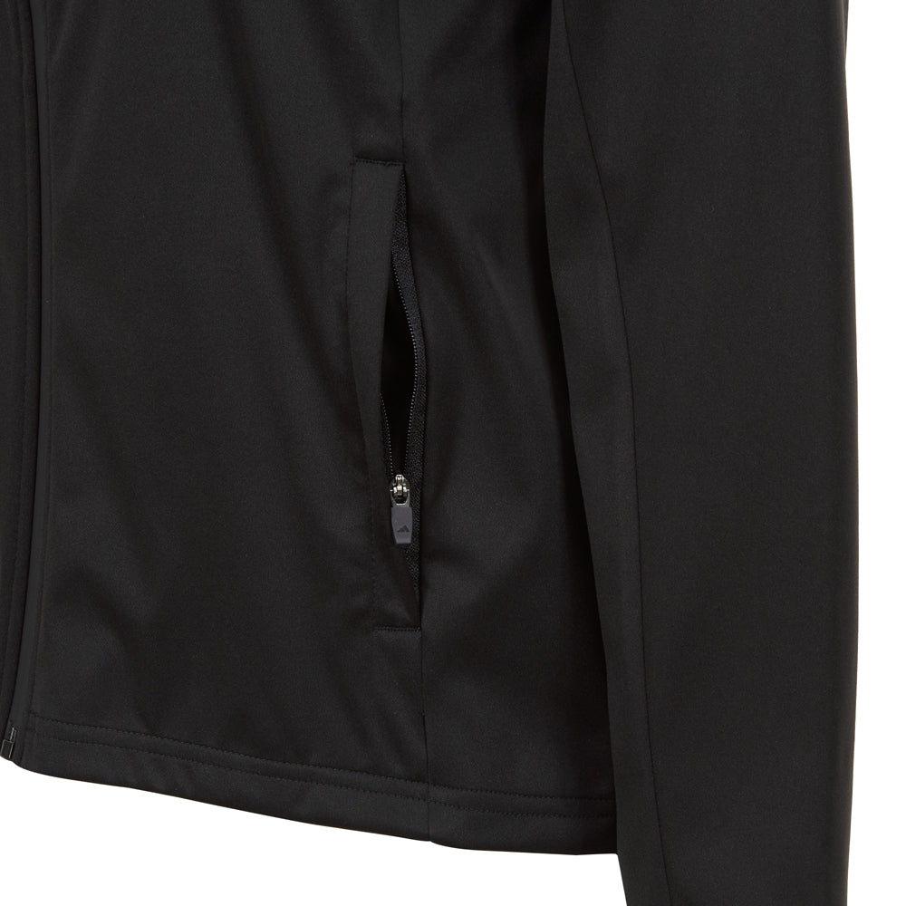 Close-up of a black jacket, part of adidas Women's Hydrosuit separates.