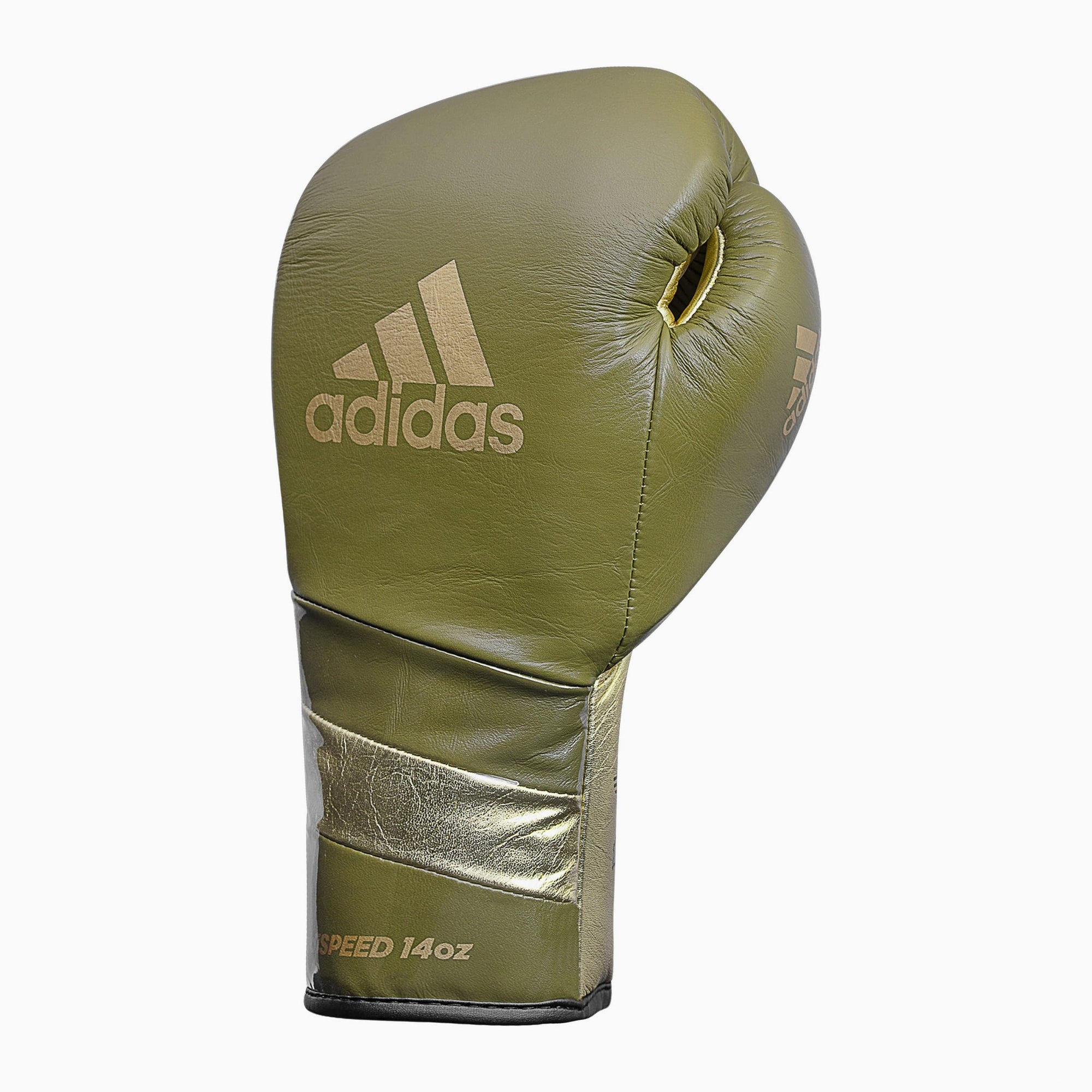 Green boxing glove with gold trim.