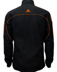 Black jacket with orange stripes.