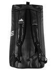 Grey and black bag with straps.
