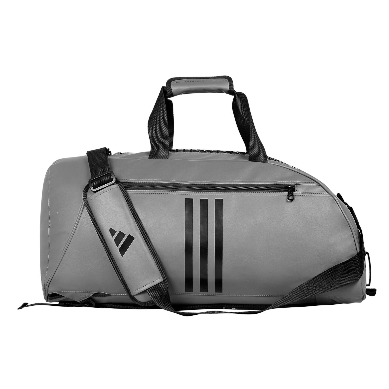 Grey duffel bag with black straps, adidas Combat Sports bag viewed sideways.