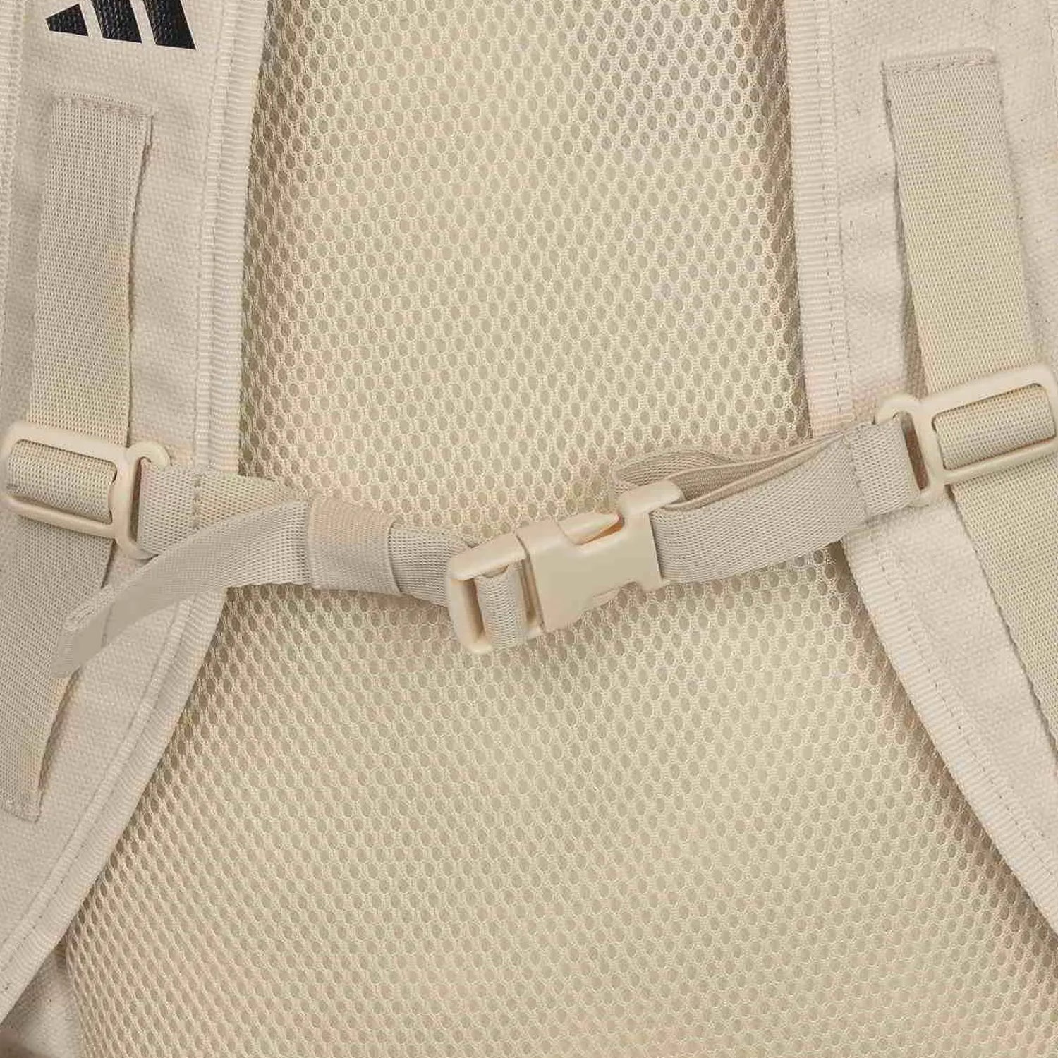 close up image of back side of tan backpack, showing the buckled straps