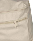 close up image of tan backpack showing a zipped pocket
