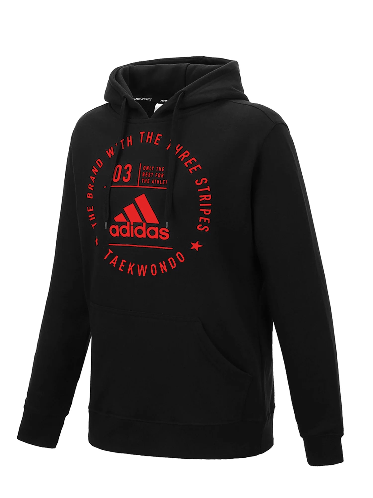 Black hoodie with red and white text that reads 'adidas Taekwondo' and '3 Stripes Series' on the chest.