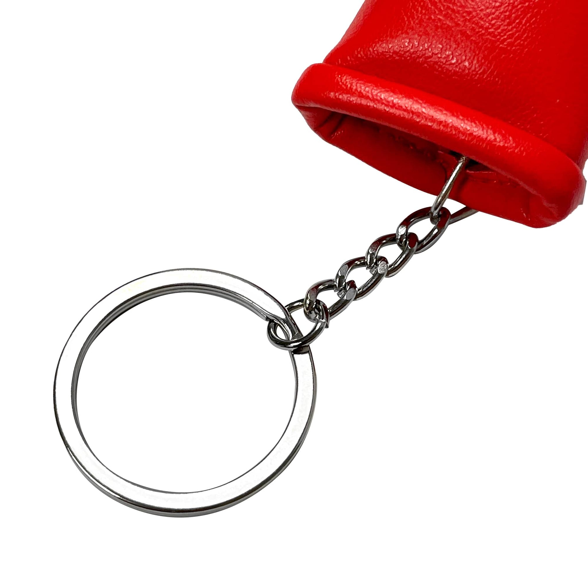 Close up of a red adidas glove keychain.