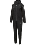 A two-piece adidas Women's Hydrosuit, with a pink jacket featuring a hood and black pants, both designed for compression and performance in aquatic or land-based training.