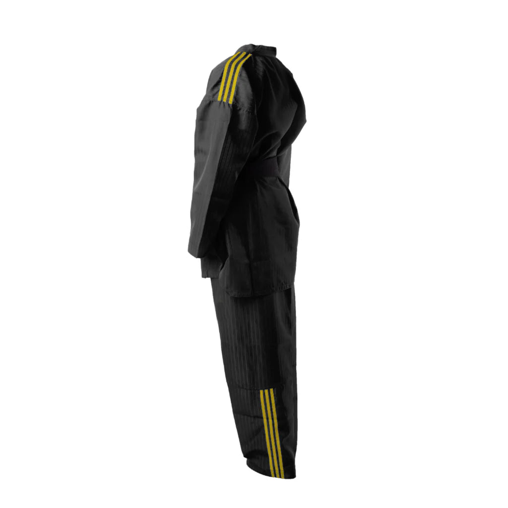 Black tracksuit with yellow stripes on a white background