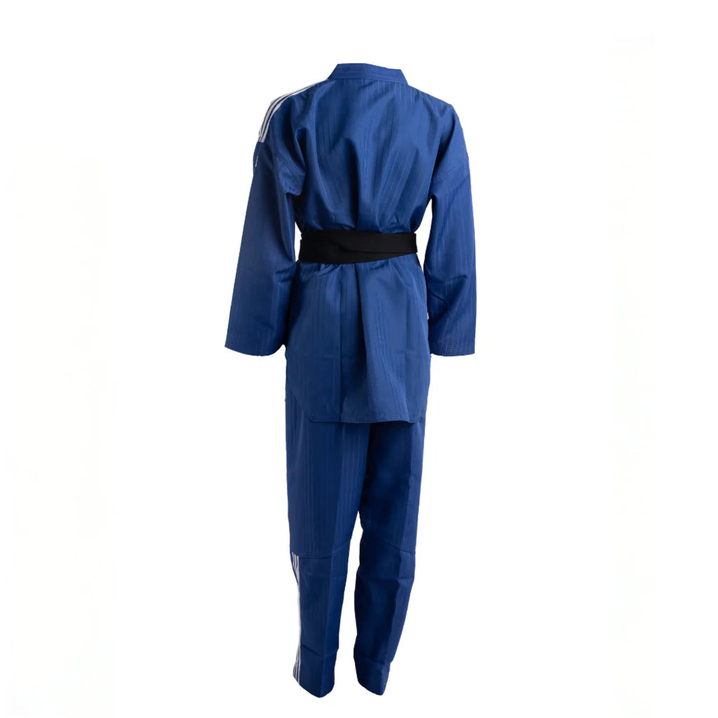 Blue martial arts uniform with a black belt on a white background