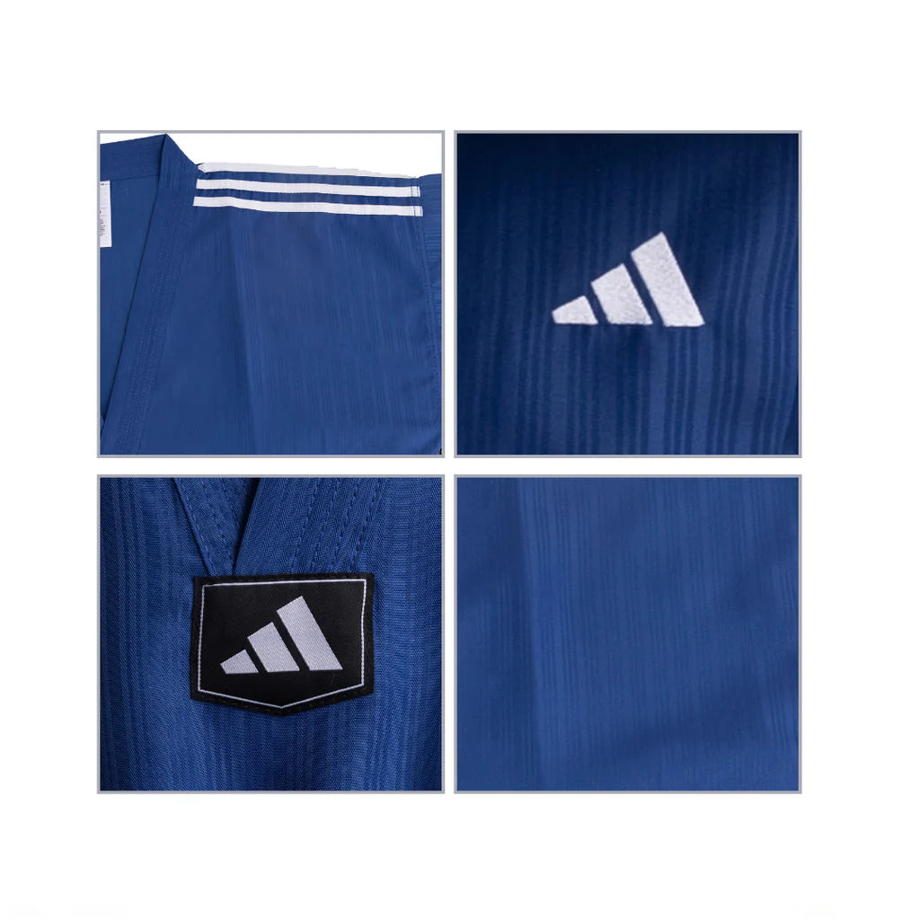 Blue athletic outfit with Adidas logo and branding on a white background