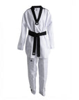 White martial arts uniform with black belt on a white background