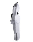 White martial arts uniform with black stripes on a white background