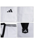 White martial arts uniform with black Adidas logo and stripes on a white background