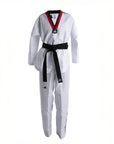 White martial arts uniform with black belt on a white background