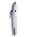 White martial arts uniform with black stripes on a white background