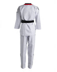 White martial arts uniform with a black belt on a white background
