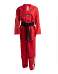 Red martial arts uniform with black belt on a white background