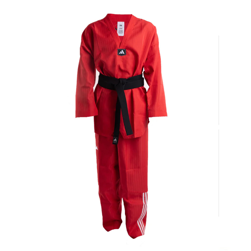 Red martial arts uniform with black belt on a white background