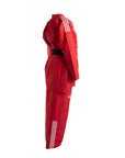 Red martial arts uniform with white stripes on a white background
