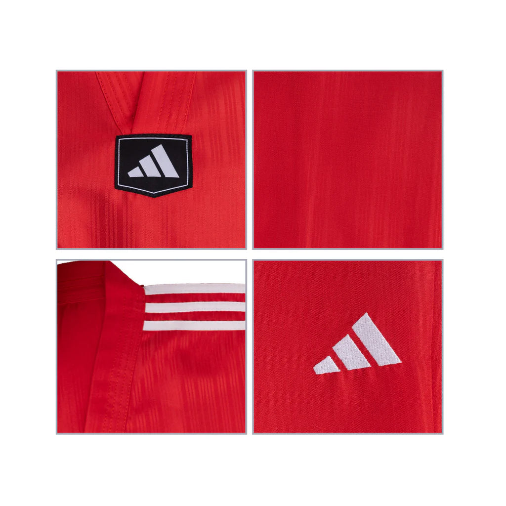 Red sports jersey with Adidas logo and branding on a white background