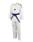 White martial arts uniform with a blue belt on a white background