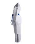 White martial arts uniform with blue belt on a white background