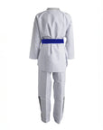 White martial arts uniform with a blue belt on a white background