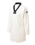 A Taekwondo sparring uniform consisting of a white body with black collar, black belt, and the Adidas logo on the right chest area.
