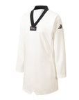 A Taekwondo sparring uniform consisting of a white body with black collar, black belt, and the Adidas logo on the right chest area.