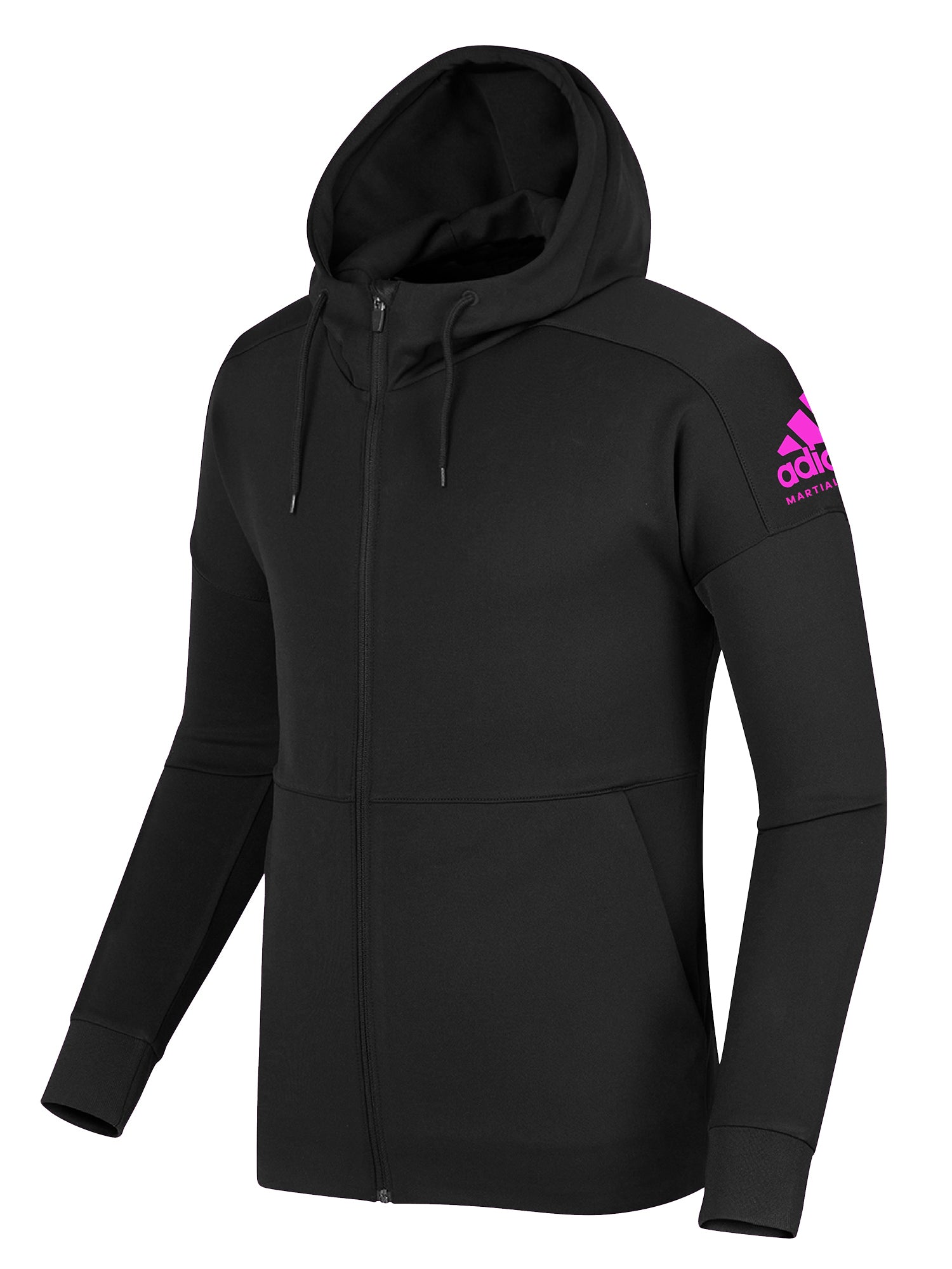 Black adidas full-zipped hooded sweatshirt with pink and white martial arts patch on the upper left side