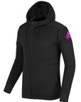 Black adidas full-zipped hooded sweatshirt with pink and white martial arts patch on the upper left side