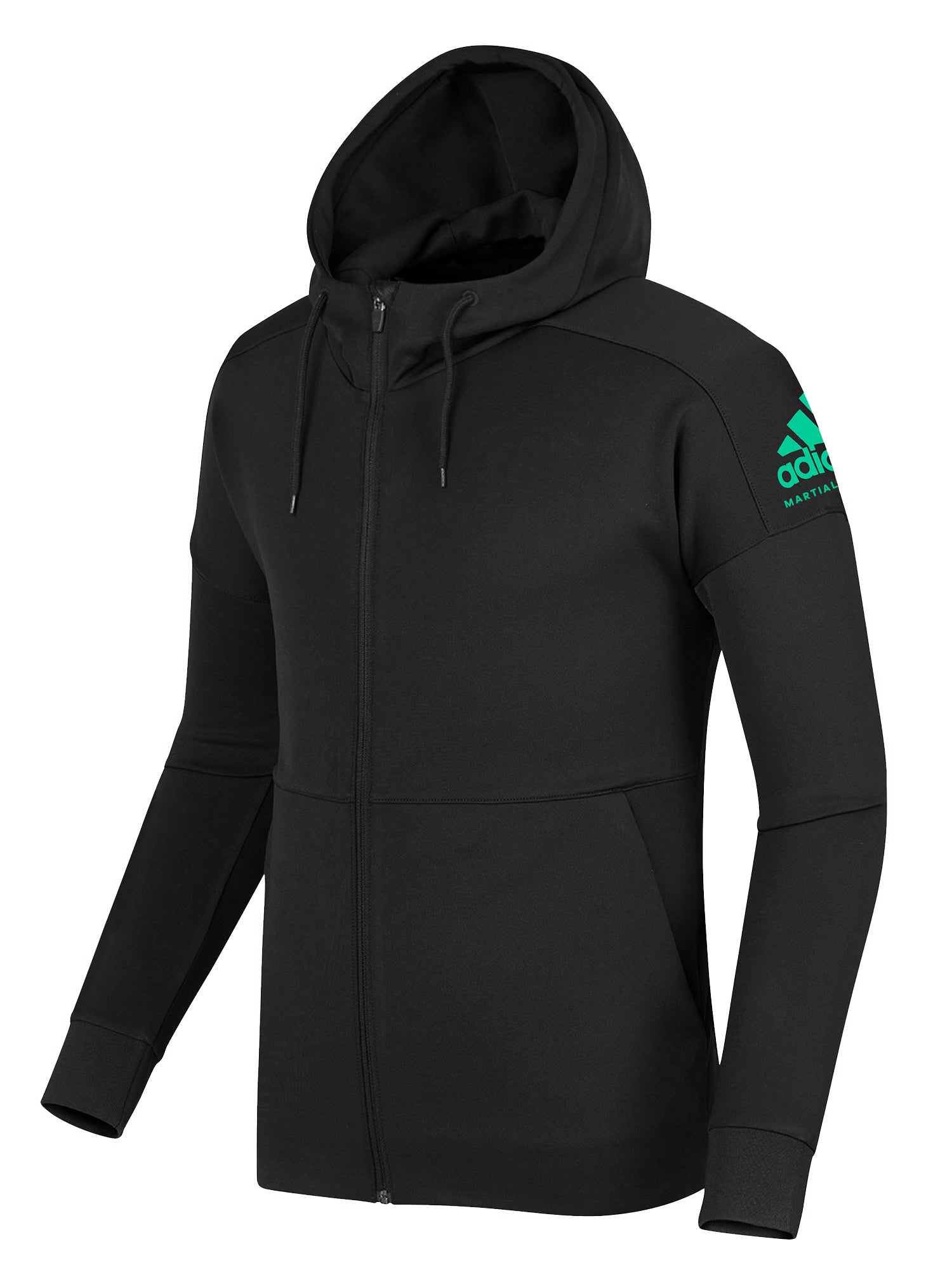 Black adidas full-zipped hooded sweatshirt with pink and white martial arts patch on the upper left side