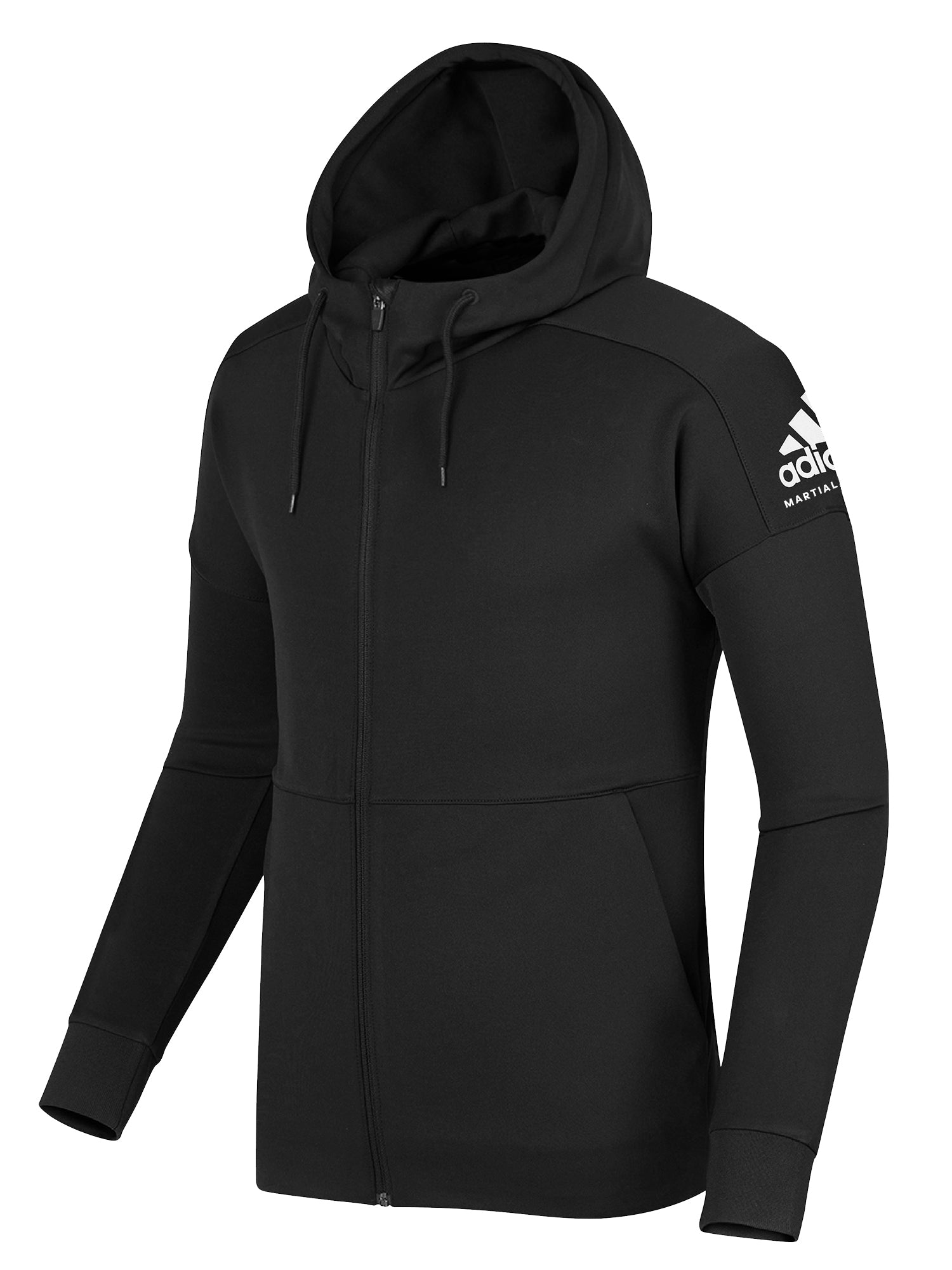 Black adidas full-zipped hooded sweatshirt with pink and white martial arts patch on the upper left side