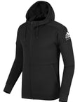 Black adidas full-zipped hooded sweatshirt with pink and white martial arts patch on the upper left side