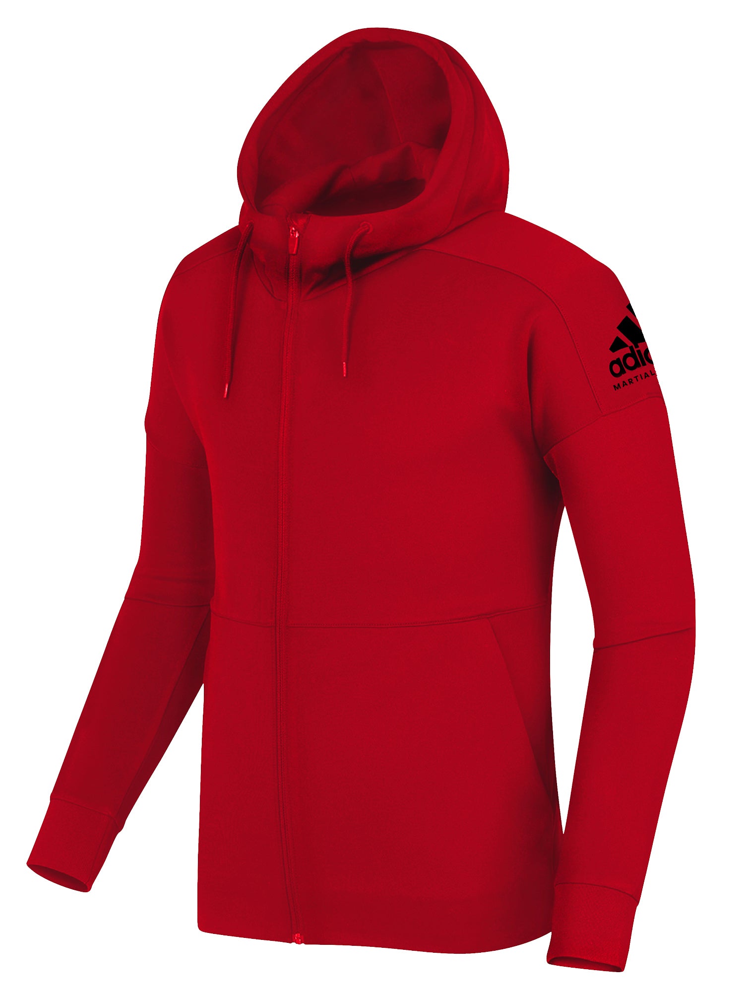 Black adidas full-zipped hooded sweatshirt with pink and white martial arts patch on the upper left side