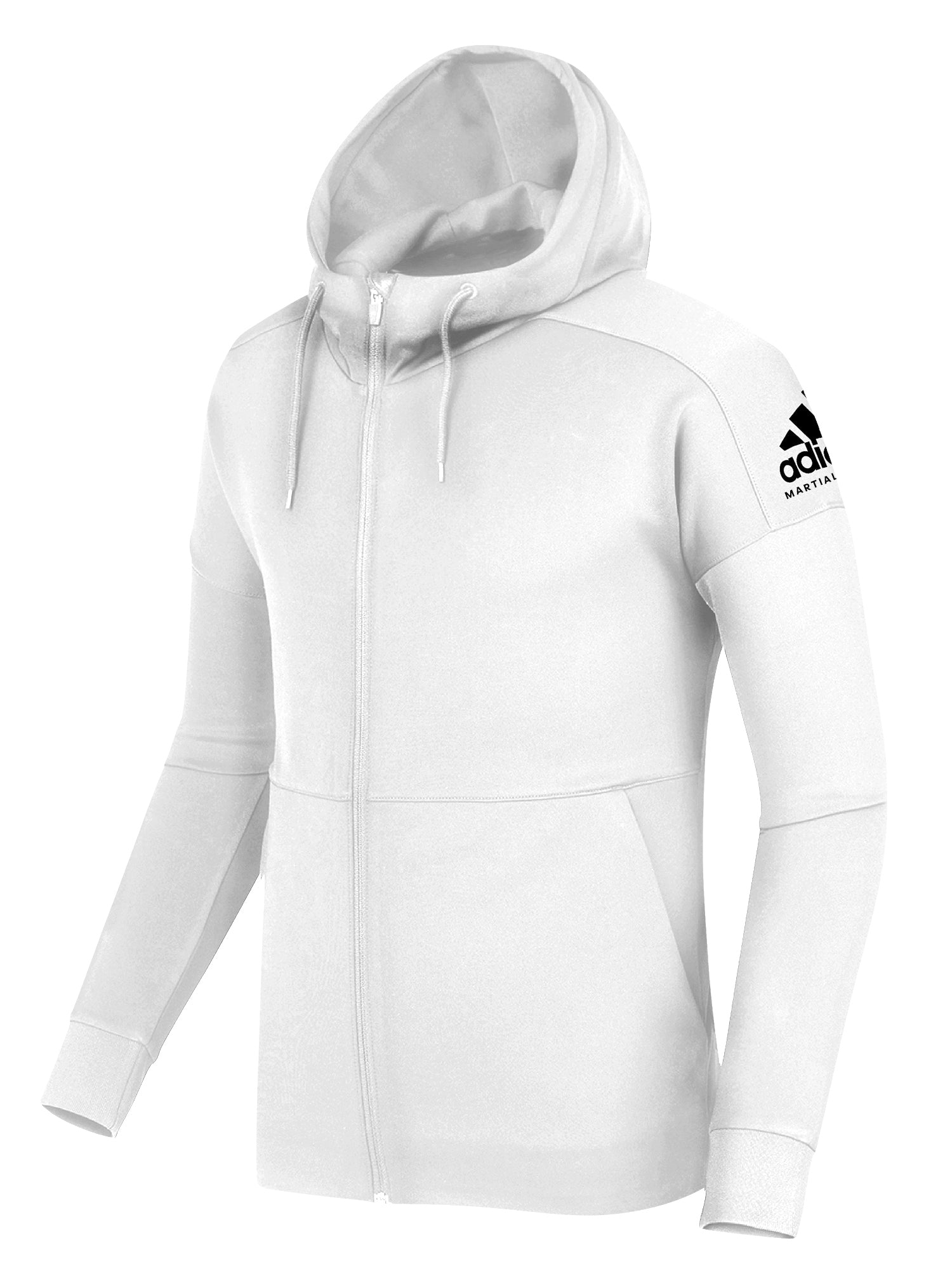 Black adidas full-zipped hooded sweatshirt with pink and white martial arts patch on the upper left side