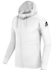 Black adidas full-zipped hooded sweatshirt with pink and white martial arts patch on the upper left side