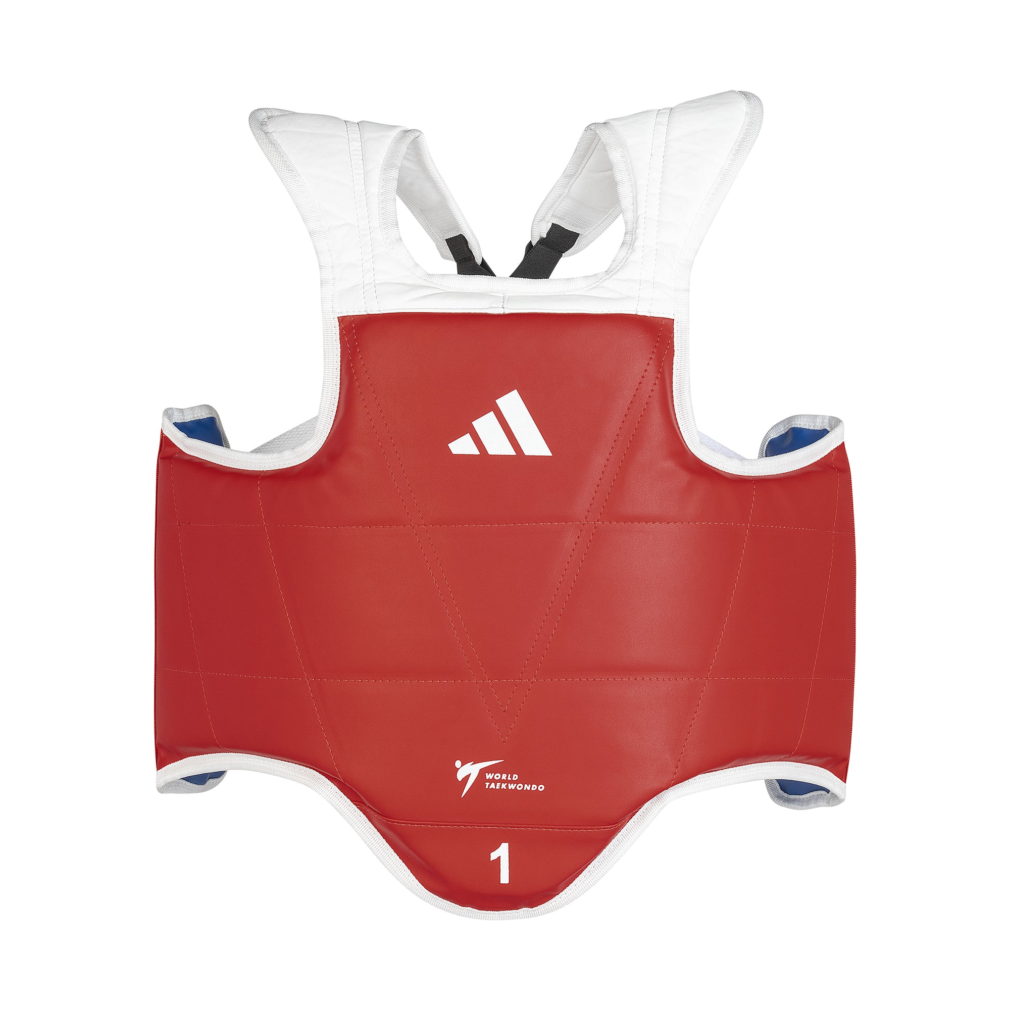 A reversible red and blue chest guard for taekwondo with white straps and the Adidas logo visible.