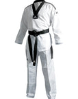 White karate uniform with black belt made from ultralight polyester by Adidas.