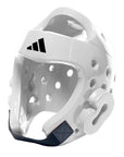 White Adidas taekwondo foam head guard with black accents and multiple ventilation holes.