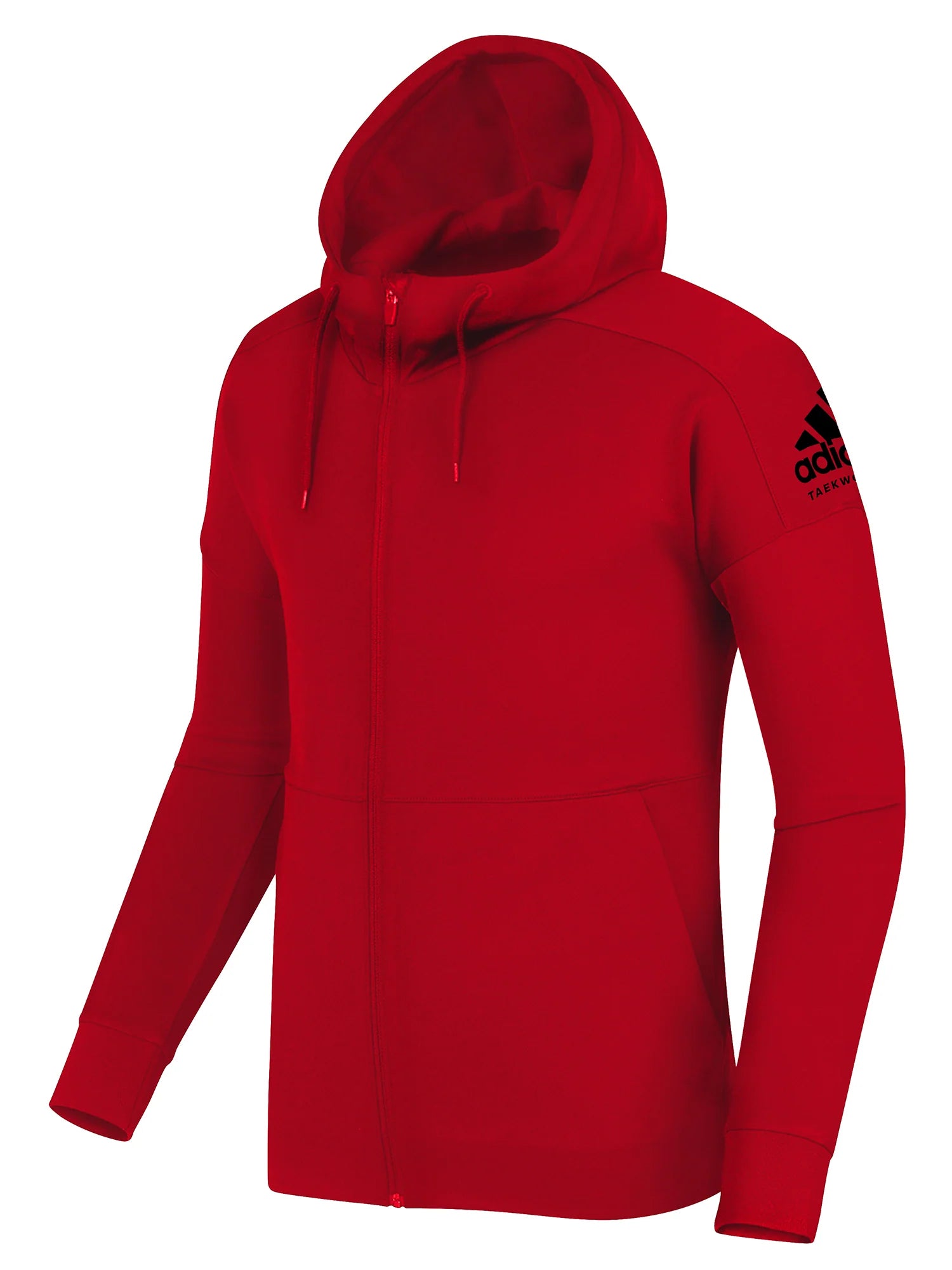 Adidas full-zipped hooded sweatshirt with fleece lining, black color, with green adidas Taekwondo logo on the left shoulder.