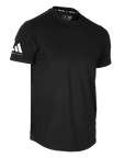 Black t-shirt with Adidas logo on a white background