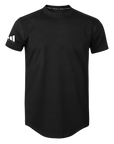 Black t-shirt with a small white logo on the left sleeve against a white background