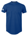 Blue t-shirt with a small white logo on a white background