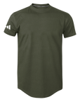 Green t-shirt with a logo on the sleeve against a white background