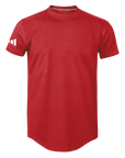 Red t-shirt with a small logo on the sleeve against a white background
